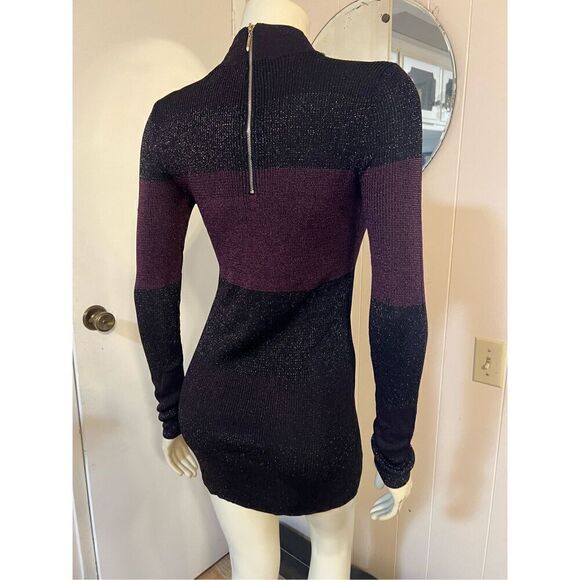 White House Black Market Tight Knit Sparkly Mock Neck Purple/Black Tunic Sweater - Picture 5 of 11